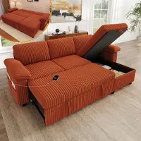Merax Sofá de esquina en forma de L, con función de sofá cama, otomana, puerto USB tipo C, respaldo ajustable, cojines para los reposabrazos, tapizado en tela de cuerda, color naranja