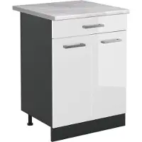 Vicco Mueble bajo de cocina R-Line Blanco alto brillo/Antracita 60 cm con cajón encimera Mármol, Model 61133