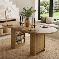OKWISH Mesa ovalada con tablero extensible, mesa de cocina con espacio de almacenamiento, tablero reforzado, para 6-8 personas, color roble