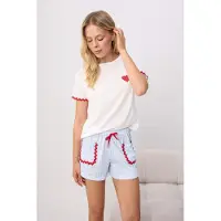 Trendyol Pijama de pantalón corto beige claro / azul pastel / rojo