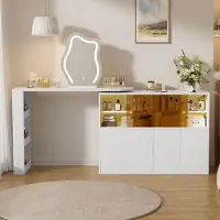 Merax Mesa de maquillaje con iluminación LED, aparador, tocador, escritorio, armario en forma de L con espejo y espacio de almacenamiento, color blanco