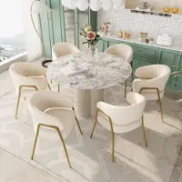 OKWISH : Silla de comedor blanca, moderna silla de comedor con revestimiento de lana de oveja, pintura en spray, acabado dorado, juego de 6 sillas de comedor con patas doradas