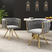 OKWISH : Sillas de comedor giratorias, tapizadas en terciopelo, juego de 2 unidades. Sillas giratorias de lujo en color gris y dorado, ideales para el salón, con 4 patas de metal