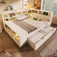 Ropilly Cama con espacio de almacenamiento de 140x190 cm en blanco, con cama extraíble, compartimentos de almacenamiento y puerto USB-C