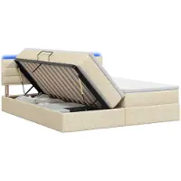 vidaXL Cama con almacenamiento LED y colchón, color crema, 200 x 200 cm, tapizada en tela