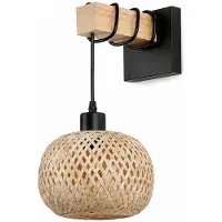 Alpinaluz Lámpara de pared con soporte de madera natural y pantalla colgante tipo cesta, base de metal , casquillo E27, ideal para pasillos o salones