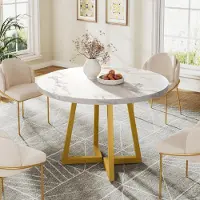 Tribesigns Mesa redonda de para 2 personas, mesa de cocina de 80 cm con estructura de metal, mesa pequeña para comedor, oficinas, restaurantes, color blanco y dorado