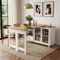Flieks Mesa extensible abatible con espacio de almacenamiento, mesa de comedor con gran capacidad, giratoria 360°, mesa de cocina de 120x40-107x75.5 cm, color natural y blanco
