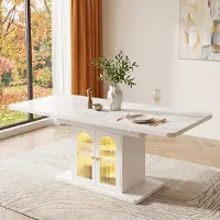 Flieks Mesa extensible para comedor con espacio de almacenamiento, tablero reforzado, iluminación LED, mesa para comedor, mesa para cocina, 150-200x80x76 cm, blanca
