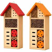 Benza – Set de hotel para insectos (de 2 piezas) – Rojo y naranja – 13 x 8,5 x 26 cm – Hotel para abejas y mariposas hecho de madera – Ideal para jardín, balcón y terraza