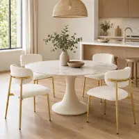 OKWISH Conjunto de 4 sillas de comedor con estructura dorada, respaldo curvo, cómodos asientos acolchados con ajuste de altura, color blanco
