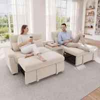 Merax Sofá cama con forma en U, convertible en cama doble, sofá de 4 plazas con zona para mascotas, portavasos, 4 cojines, tejido de chenilla, color beige