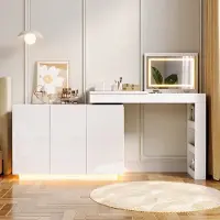Merax Mesa de maquillaje con espejo LED, tocador en forma de L giratorio con espacio de almacenamiento, mesa de cosméticos y escritorio 2 en 1 para dormitorio, color blanco