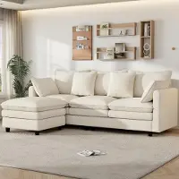 Merax Sofá de esquina en forma de L, de 3 plazas, con chaise longue, tapizado en chenilla, incluye 4 cojines y 3 respaldos. El sofá tiene 12 patas y es ideal para el salón. Color: beige