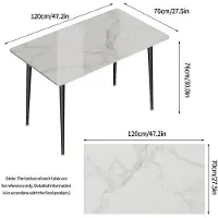 StarTech.com Mesa de comedor - Mesa de comedor moderna de 120x70 cm - Placa de sinterizado rectangular con aspecto de mármol - Estructura de metal - Para 4-6 personas - Blanco