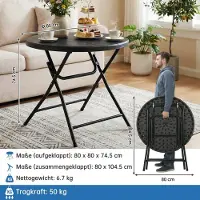 StarTech.com Mesa plegable - Mesa redonda para jardín de 80 cm - Estructura de metal - Material de PVC con aspecto de madera - Ideal para balcón, jardín, camping - Color negro