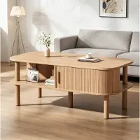 MODFU Mesas auxiliares con puerta corredera y patas de madera, mesa de centro para sala de estar hecha de MDF, mesa auxiliar con compartimentos abiertos para almacenamiento, 110x55x45 cm, color nogal