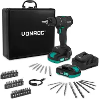 Vonroc Atornillador sin cable PRO 20V – Motor sin escobillas – 40Nm | Incluye 2 baterías 2.0Ah, cargador y 46 accesorios en maletín premium