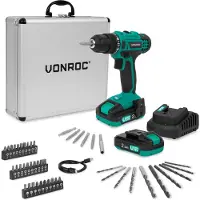 Vonroc Atornillador sin cable 20V | Incluye 2x baterías 2.0Ah, cargador y 46 accesorios en maletín premium