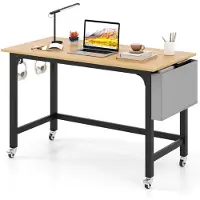 Costway Mesa de escritorio , mesa para ordenador con 4 ruedas, bolsillo de tela y soporte para auriculares, mesa de trabajo, escritorio móvil, mesa para PC, 120x60x75 cm, color natural