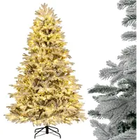 Costway Árbol de Navidad artificial , 210 cm, con puntas de ramas mixtas y efecto nieve, 450 luces LED blanco cálido, ideal para la decoración navideña, color blanco y verde