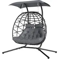 Outsunny Silla colgante con estructura plegable, cesta colgante con cojín y toldo para protección solar