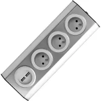 Virone Enchufe de esquina de superficie ORNO FS-3, 3 tomas de 230V, 2 puertos USB, acero inoxidable