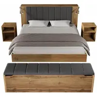 StarTech.com Cama doble - Juego de cama de madera - 160 x 200 cm - Con espacio de almacenamiento - Cabecero abatible - 2 mesitas de noche - Lámparas de lectura USB - Roble