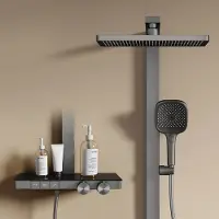 Emke Sistema de ducha con termostato, color antracita mate: Flujo de agua ajustable, ducha de lluvia de 36x24 cm, ducha de mano con 4 tipos de chorro