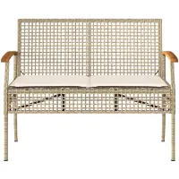 vidaXL Banco de jardín con cojín, color beige, de ratán sintético y madera de acacia