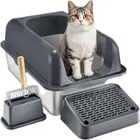 OEM VEVOR, arenero para gatos, 15,2 cm de profundidad, tamaño XL, arenero de acero inoxidable extra grande con paleta, base de rejilla ancha y paredes altas, cerrado y sin olores
