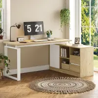 Flieks Escritorio en forma de L con 2 cajones y 3 estantes abiertos, mesa de oficina con estantes ajustables, escritorio para ordenador, color madera natural + blanco