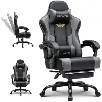 StarTech.com Silla de juego - Silla de oficina GT806 - Ergonómica, con altura ajustable, con reposapiés, reposacabezas, soporte lumbar, tapizada en cuero sintético - Gris