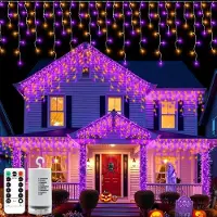 OEM Guirnalda de luces LED con efecto espejo, 300 LED, 6 metros, color púrpura/naranja, funciona con pilas, con temporizador