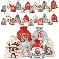 Merkloos Calendario de Adviento para rellenar, para niños, con 24 pequeñas bolsas de yute estampadas, que incluyen cuerda de cáñamo y clips de madera