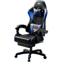 StarTech.com Silla de juego ergonómica - Silla de oficina para ordenador - Con reposapiés y reposacabezas - Altura ajustable, respaldo reclinable - Estructura de metal acolchada - Color negro y azul
