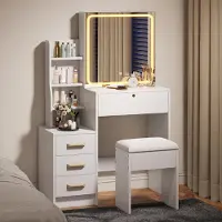 UnboxG Mesa de maquillaje blanca con espejo de maquillaje LED y taburete, mesa de cosméticos con 4 cajones y estantes abiertos, ideal para dormitorios y vestidores