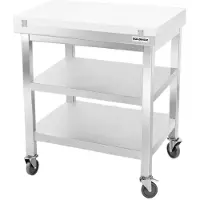 GOLDINOX Mesa de trabajo de acero inoxidable de 700x700 mm con placa de corte blanca y 2 estantes con ruedas, calidad PREMIUM -