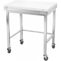 GOLDINOX Mesa de trabajo de acero inoxidable de 700x700 mm con placa de corte blanca y refuerzo con ruedas, modelo PREMIUM -