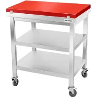 GOLDINOX Mesa de trabajo de acero inoxidable de 800x700 mm con placa de corte roja y 2 estantes con ruedas, calidad PREMIUM -