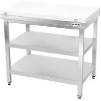 GOLDINOX Mesa de trabajo de acero inoxidable de 700x700 mm con placa de corte blanca y 2 estantes PREMIUM -