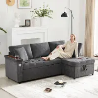 Fortuna Sofá modular moderno Lai, tipo L, con sofá cama extensible, función de descanso, espacio de almacenamiento, cargador USB, reposabrazos y 2 cojines. Ideal para salones, etc. Color gris.