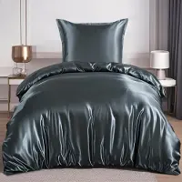 Merkloos Juego de funda de edredón de satén de 135 x 200 cm en color gris oscuro, con fundas de almohada a juego