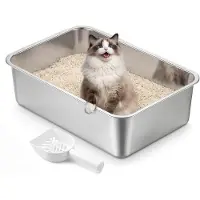 Feandrea Caja de arena para gatos , de acero inoxidable, abierta, con paleta, tamaño M, 50 x 35 x 15 cm