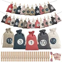 Merkloos Calendario de Adviento para llenar - 24 bolsitas de tela - 10 x 15 cm - Con cordón de 10 metros - Kit DIY para navidad