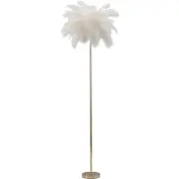 Mauro Ferretti Lámpara de pie Palm White: Lámpara de pie de 3 bombillas, con casquillo E14, fabricada en metal dorado, con pantalla y adornos de plumas blancas, de 55 cm de diámetro y 160 cm de altura
