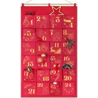 Merkloos Calendario de Adviento para llenar - Rojo y dorado con purpurina - 24 bolsillos - 110 x 68 cm - Reutilizable