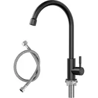 Unyqoos Grifo de agua fría color negro: grifo para agua fría, con tuercas de acero inoxidable (304), cable de conexión de 60 cm, ideal para la cocina y para acampar