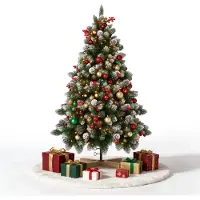 VA-Cerulean Árbol de Navidad artificial de 180 cm con iluminación LED integrada, efecto de nieve, piñas, bayas rojas y base de madera maciza