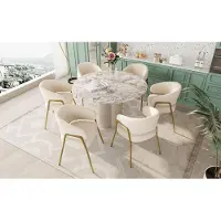 Kein Hersteller Silla de comedor blanca, moderna, de terciopelo de lana con detalles en dorado (juego de 6 unidades). Silla de comedor con patas doradas, color blanco